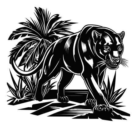 A striking black engraving of a panther walking through a jungle, surrounded by lush tropical plants. This artwork captures the essence of wildlife and nature.のイラスト素材