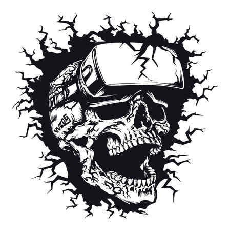 A striking black and white illustration of a skull wearing virtual reality goggles, featuring intricate details and a dramatic cracked background that enhances the theme of technology and art.のイラスト素材