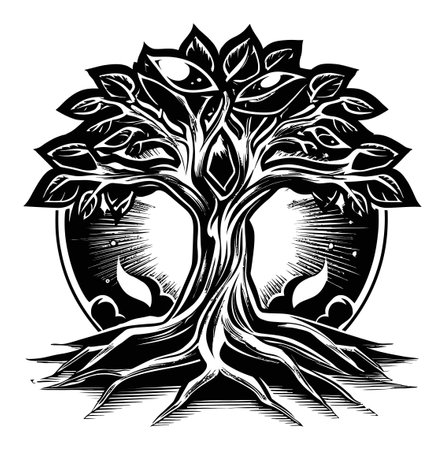 This detailed linocut illustration features a striking tree design with intricate leaves and roots, capturing the beauty of nature in a bold monochrome style.のイラスト素材