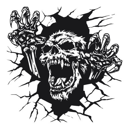 An intricate illustration of a skull and claws breaking through a cracked wall, showcasing a dramatic and eerie art style. Perfect for horror themes.のイラスト素材