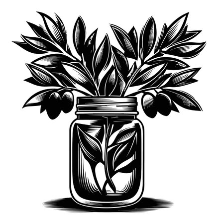 This black and white engraving features olive leaves in a jar, showcasing intricate details and textures in a simple yet striking design perfect for home decor.のイラスト素材