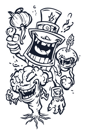 Discover a modern hand-drawn illustration featuring playful monsters with expressive faces. Ideal for projects needing unique and whimsical graphic elements.のイラスト素材