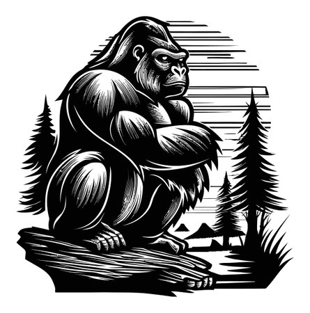 This striking linocut art features a powerful gorilla in a natural setting, showcasing bold lines and detailed texture. Perfect for wildlife enthusiasts.のイラスト素材