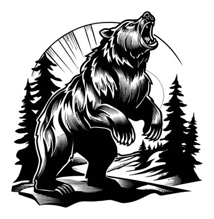Captivating black and white engraving of a roaring bear amidst tall trees and a serene landscape, showcasing nature's powerful wildlife and artistry.のイラスト素材