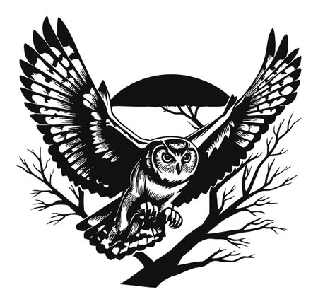 Stunning artwork featuring an owl in full flight, set against a silhouetted landscape. The intricate engraving captures nature's beauty in striking black and white.のイラスト素材