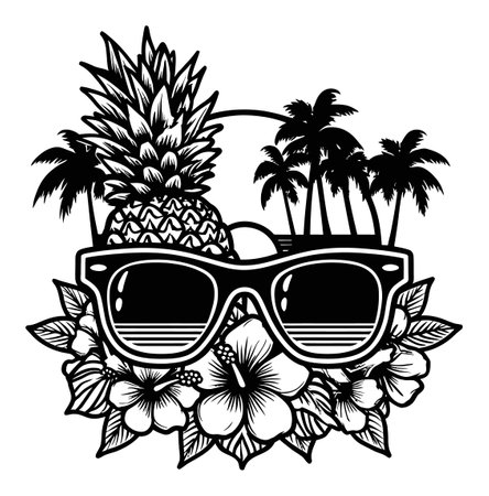 This detailed engraving features sunglasses adorned with a pineapple and flowers. Perfect for tropical-themed designs, this captivating artwork evokes summer vibes.のイラスト素材