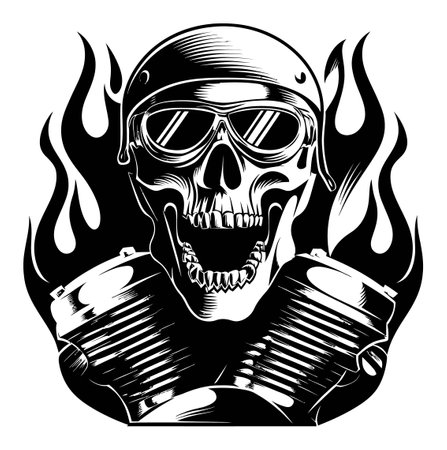 This striking engraving-style illustration features a skull with flames and a helmet, perfect for art and tattoo enthusiasts. It embodies a rebellious spirit.のイラスト素材