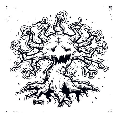 This captivating black and white linocut illustration features an intricate tree with surreal and eerie elements, showcasing detailed roots and imaginative character.のイラスト素材