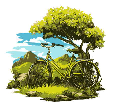 This illustration showcases a vibrant bicycle resting under a lush tree, surrounded by picturesque mountains. Perfect for nature and adventure themes.のイラスト素材