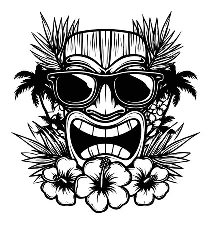 This dynamic tiki mask illustration features bold sunglasses and is surrounded by tropical elements like hibiscus flowers and palm leaves. Perfect for summer themes.のイラスト素材