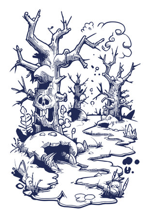 Explore a whimsical and spooky hand-drawn illustration of a swamp, featuring gnarled trees, eerie water, and peculiar creatures. Perfect for fantasy themes.のイラスト素材