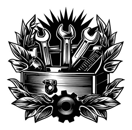 A detailed engraving featuring a toolbox adorned with wrenches and nature elements, perfect for representing craftsmanship and repair work in art and design.のイラスト素材