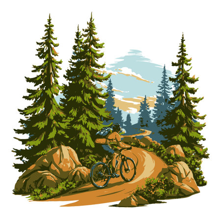 Discover an engaging hand-drawn illustration of a mountain biker navigating a scenic trail through dense pine forests and rocky landscapes.のイラスト素材