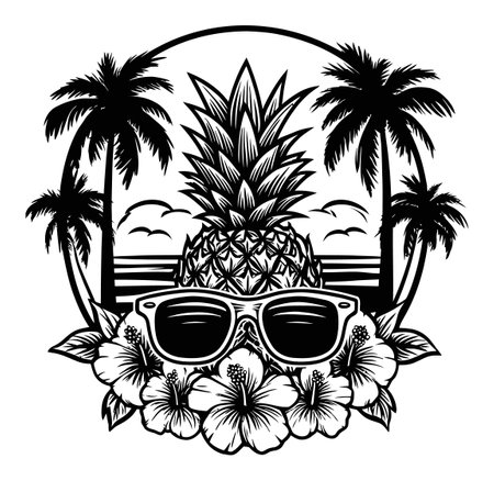This unique engraving-style artwork features a tropical pineapple wearing sunglasses, surrounded by palm trees and flowers, perfect for summer vibes and decor.のイラスト素材