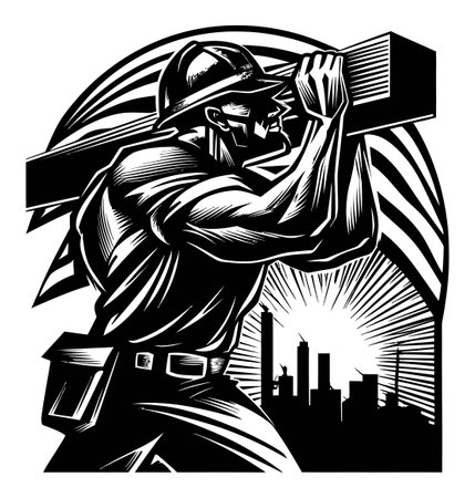 This striking linocut engraving depicts a strong worker carrying a wood beam, embodying dedication and strength in a cityscape backdrop.のイラスト素材