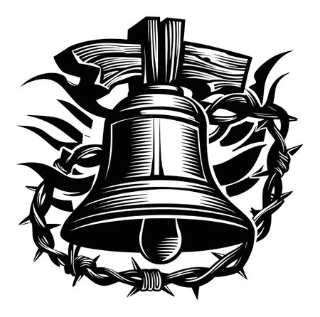 This striking bell engraving features a bold design intertwined with barbed wire, creating a unique visual effect. Perfect for arts and crafts projects.のイラスト素材