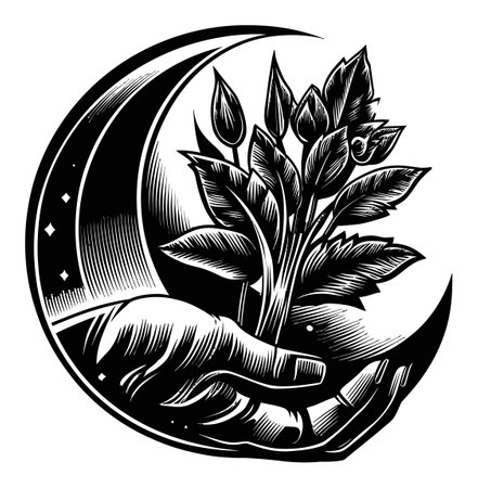 Intricate black and white art depicting a hand holding delicate leaves within a crescent moon shape. A captivating design representing nature, growth, and harmony.のイラスト素材