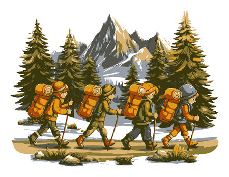 This hand-drawn vector illustration captures a joyful group of backpackers hiking through a scenic nature landscape, surrounded by majestic mountains and towering trees.のイラスト素材