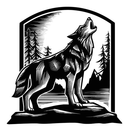 This striking linocut art features a howling wolf against a forested backdrop, capturing the spirit...