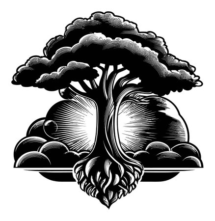 Explore a beautiful linocut engraving of a stylized tree with intricate roots and clouds, perfect for nature lovers and art enthusiasts alike.のイラスト素材