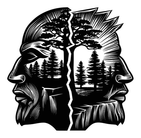 This striking linocut art features two faces intertwined with nature, showcasing trees and landscapes within a dramatic split design. A unique representation of connection.のイラスト素材
