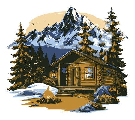 This hand-drawn modern illustration features a cozy cabin nestled in the mountains, surrounded by tall pine trees and scenic landscapes, perfect for nature lovers.のイラスト素材