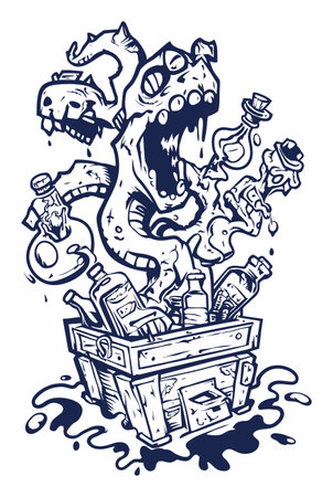 An imaginative hand-drawn illustration depicting a monstrous creature emerging from a trash bin, surrounded by bottles and spills, conveying a quirky, modern style.のイラスト素材