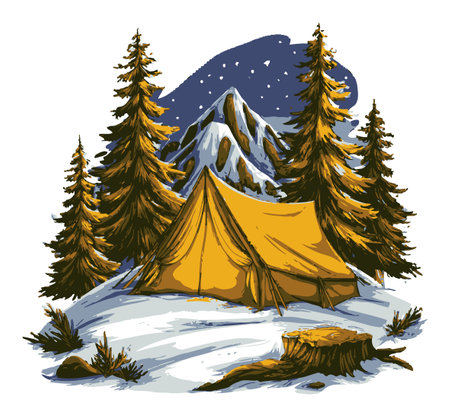 This modern hand-drawn illustration features a camping tent set in a snowy wilderness surrounded by tall trees and majestic mountains under a starry night sky.のイラスト素材