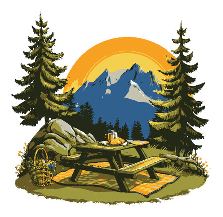 Experience a serene hand-drawn picnic scene featuring majestic mountains, tall trees, and a cozy outdoor setup. Perfect for nature lovers and outdoor enthusiasts!のイラスト素材