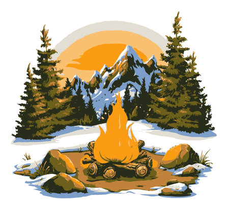 Explore a vibrant hand-drawn vector illustration depicting a campfire set against majestic mountains at sunset, perfect for nature enthusiasts and outdoor lovers.のイラスト素材