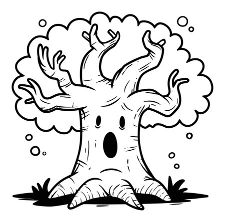 This whimsical black and white illustration features a surprised tree character with twisted branches and a playful expression, ideal for creative projects.のイラスト素材