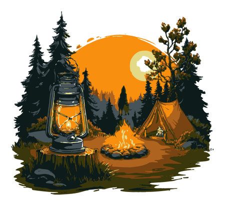 This hand-drawn vector illustration captures a serene campsite at sunset, featuring a glowing lantern, flickering campfire, and surrounding trees.のイラスト素材