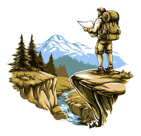 This hand-drawn illustration captures a lone adventurer standing on a cliff, gazing at a stunning mountain landscape with a map in hand, symbolizing exploration.のイラスト素材