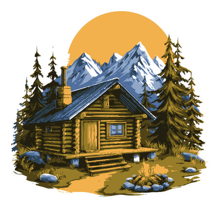 This illustration showcases a cozy cabin nestled among majestic mountains and tall trees. A serene campfire complements the warm sunset, inviting tranquility.のイラスト素材