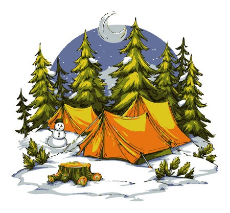 Experience a cozy winter camping scene with hand-drawn tents, a snowman, and tall trees. Perfect for outdoor enthusiasts seeking a unique illustration.のイラスト素材