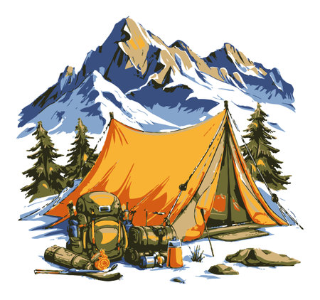 Experience the serene beauty of nature with this modern hand-drawn vector illustration of a camping setup, complete with a tent and backpack against majestic mountains.のイラスト素材