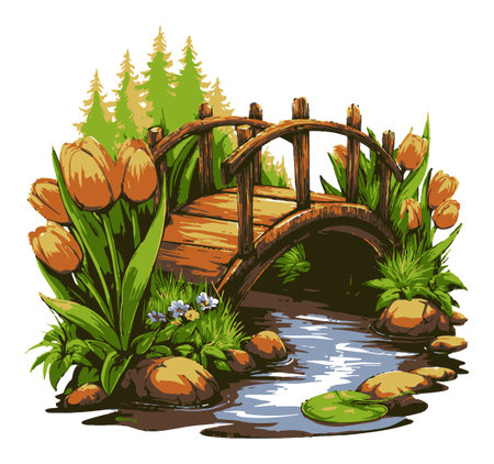 Explore this stunning hand-drawn illustration featuring a wooden bridge over a serene stream, surrounded by vibrant tulips and lush greenery, perfect for nature lovers.のイラスト素材