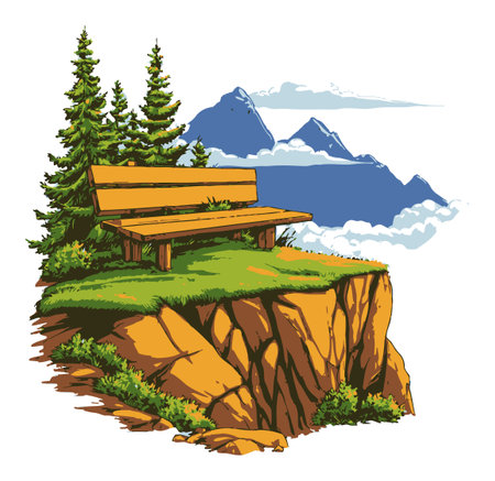 Discover a beautiful hand-drawn illustration featuring a solitary bench overlooking majestic mountains, evoking feelings of peace and tranquility in nature.のイラスト素材