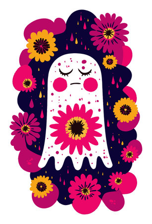 This whimsical ghost illustration showcases a sad ghost surrounded by vibrant flowers. The modern doodle style creates a playful yet emotional vibe perfect for various creative projects.のイラスト素材