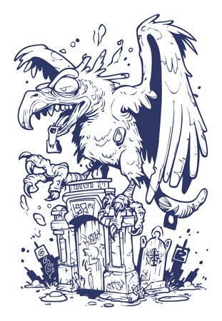 This hand-drawn illustration features a quirky vulture standing on a tombstone, blending humor and gothic elements in a modern, artistic style.のイラスト素材