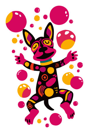 This vibrant doodle illustration features a playful dog surrounded by colorful bubbles. Perfect for pet lovers, this modern artwork evokes joy and creativity.のイラスト素材