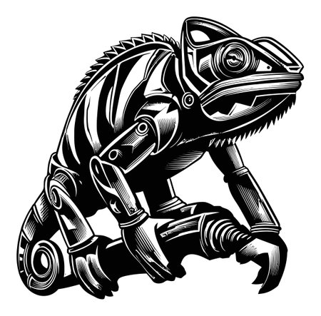 This detailed monochrome engraving features a stylized chameleon, showcasing intricate patterns and textures that blend nature with artistic expression.のイラスト素材