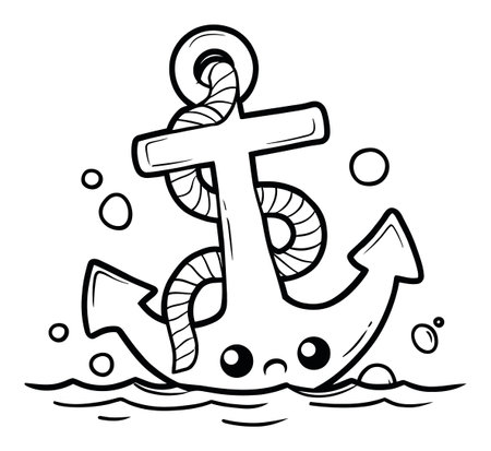 This charming anchor design features a cute character with a sad face, surrounded by bubbles. Perfect for nautical themes and playful art projects.のイラスト素材