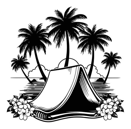 This detailed engraving-style artwork features a serene tropical island scene with a tent and palm trees, perfect for evoking relaxation and adventure.のイラスト素材