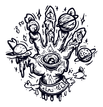 This modern illustration features a hand surrounded by planets and cosmic elements, blending fantasy and creativity in a unique artistic style. Perfect for various design projects.のイラスト素材