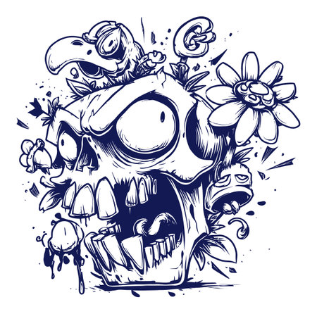 A playful and modern illustration featuring a skull, vibrant flowers, and quirky characters. Perfect for adding a whimsical touch to any creative project.のイラスト素材