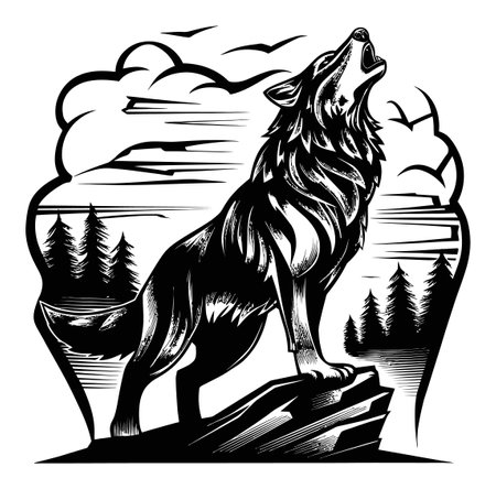 This striking linocut artwork features a majestic wolf howling atop a rocky ledge, set against a...