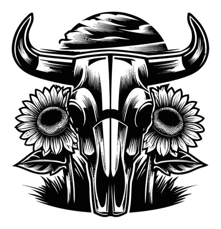 This striking black and white engraving features a bull skull adorned with sunflowers, merging nature and art in a rustic design. Perfect for decoration.のイラスト素材