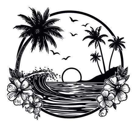 Engraved style artwork featuring a tropical sunset scene with palm trees, ocean waves, and hibiscus flowers, perfect for decor or design use.のイラスト素材