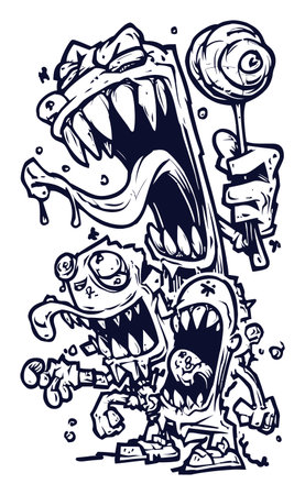 Explore this modern hand-drawn illustration featuring playful cartoon monsters with exaggerated expressions, capturing a vibrant and humorous vibe perfect for creative projects.のイラスト素材